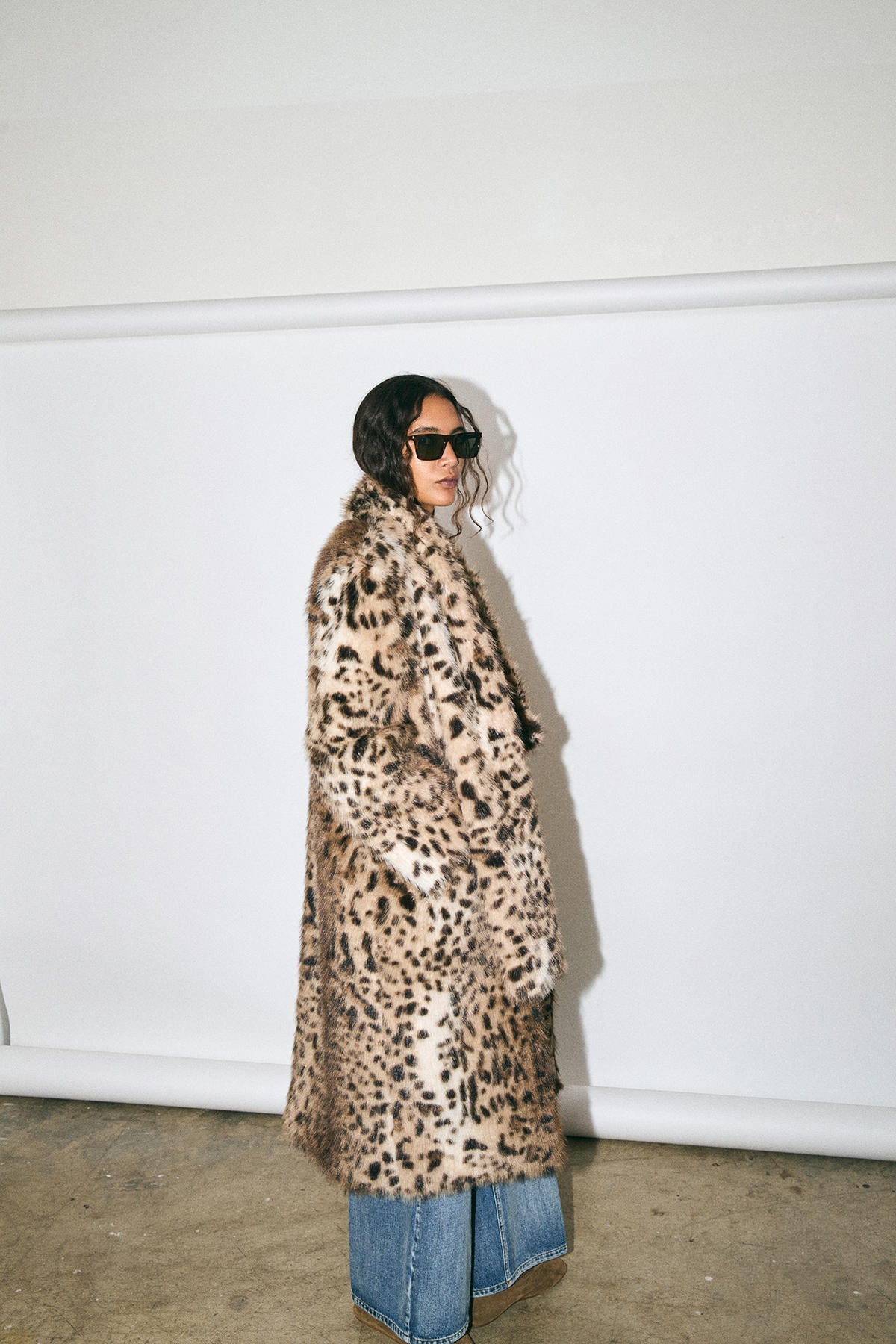 LEOPARD FAUX-FUR LONG COAT