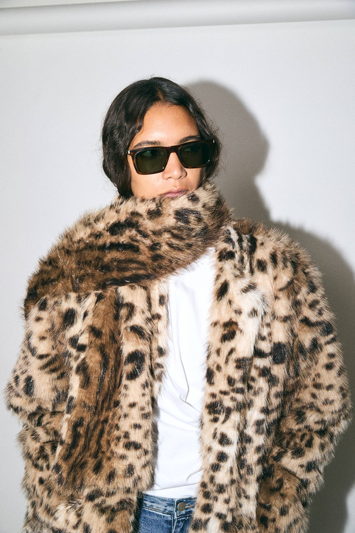 LEOPARD FAUX-FUR LONG COAT