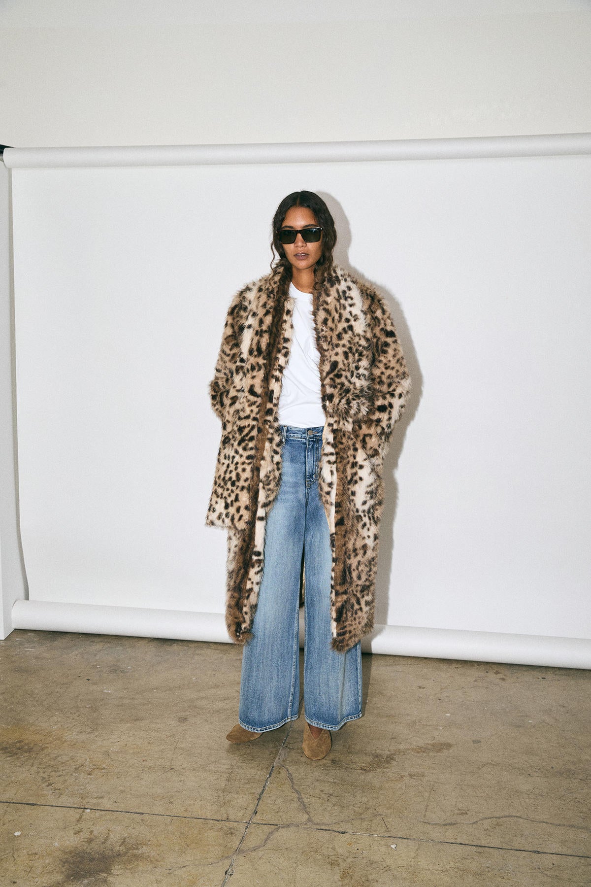 LEOPARD FAUX-FUR LONG COAT